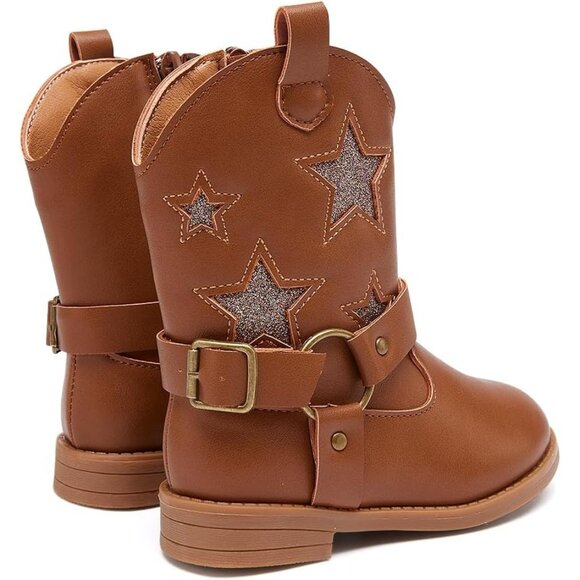⚡Girls 2-Brown Microfiber Little Kids Mid Calf Western Pointed Toe Riding Boots - Picture 5 of 6